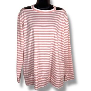 Large Amaryllis Pink White Striped Sweatshirt Long Sleeve Pastel Cutout Accent